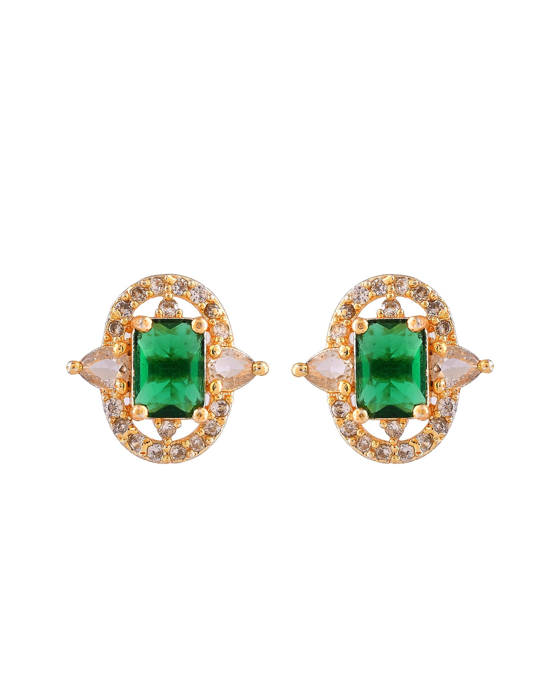 VOJ Gold Toned Green Rectangular Shaped Cz Chain Set - Dista
