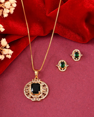 VOJ Gold Toned Green Rectangular Shaped Cz Chain Set - Dista