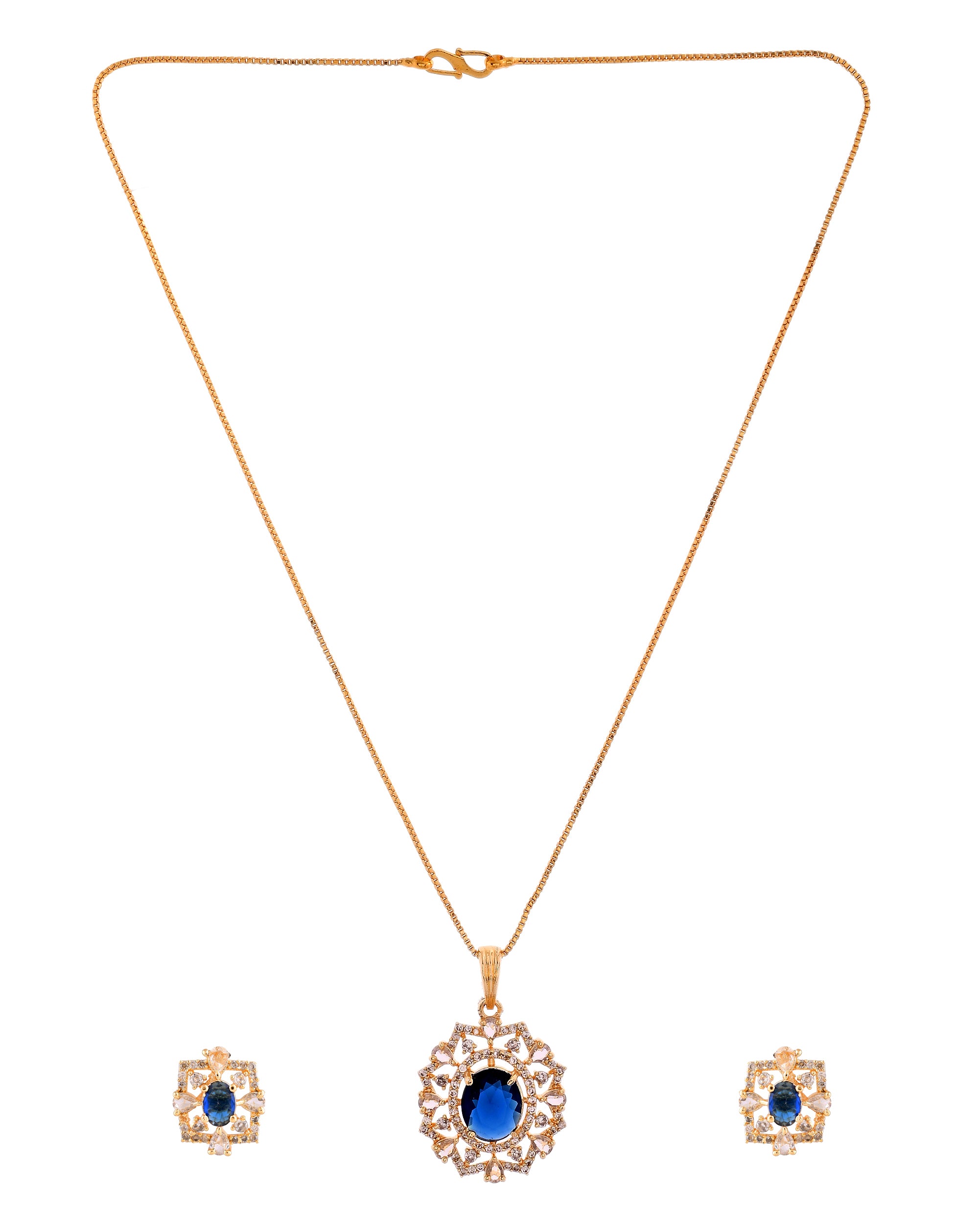 VOJ Gold Plated Circulare Blue Cz Stone Studded Chain Set - Dista