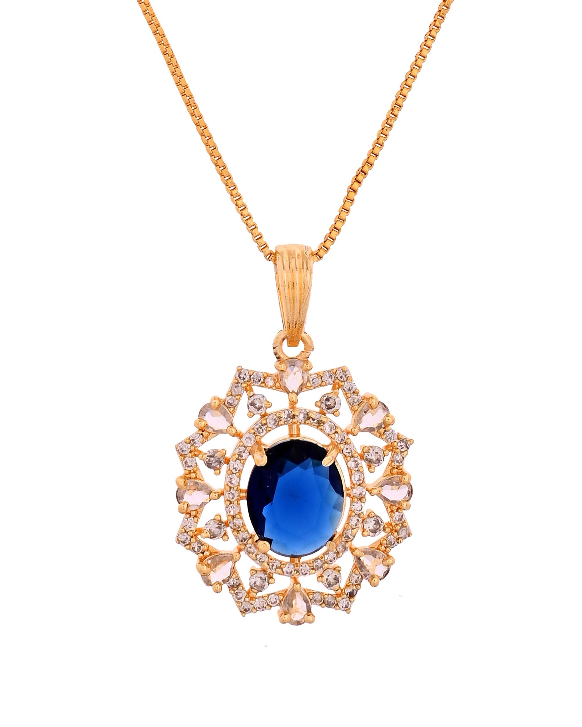 VOJ Gold Plated Circulare Blue Cz Stone Studded Chain Set - Dista