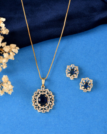 VOJ Gold Plated Circulare Blue Cz Stone Studded Chain Set - Dista