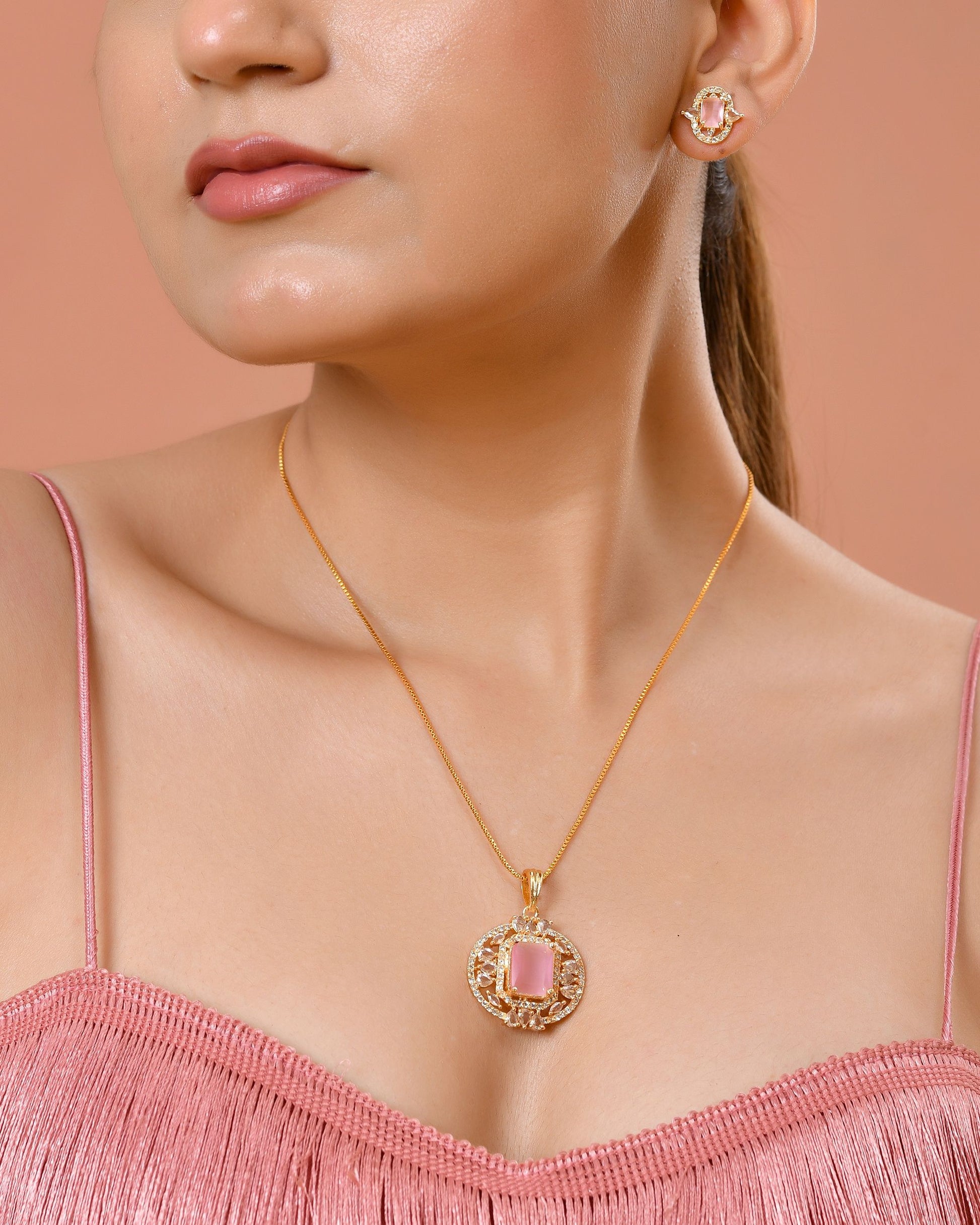 VOJ Gold Plated Baby Pink Rectangular Shaped And Ad Stone Studded Chain Set - Dista