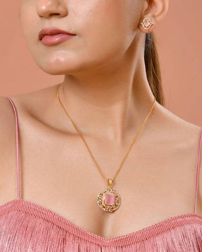 VOJ Gold Plated Baby Pink Rectangular Shaped And Ad Stone Studded Chain Set - Dista