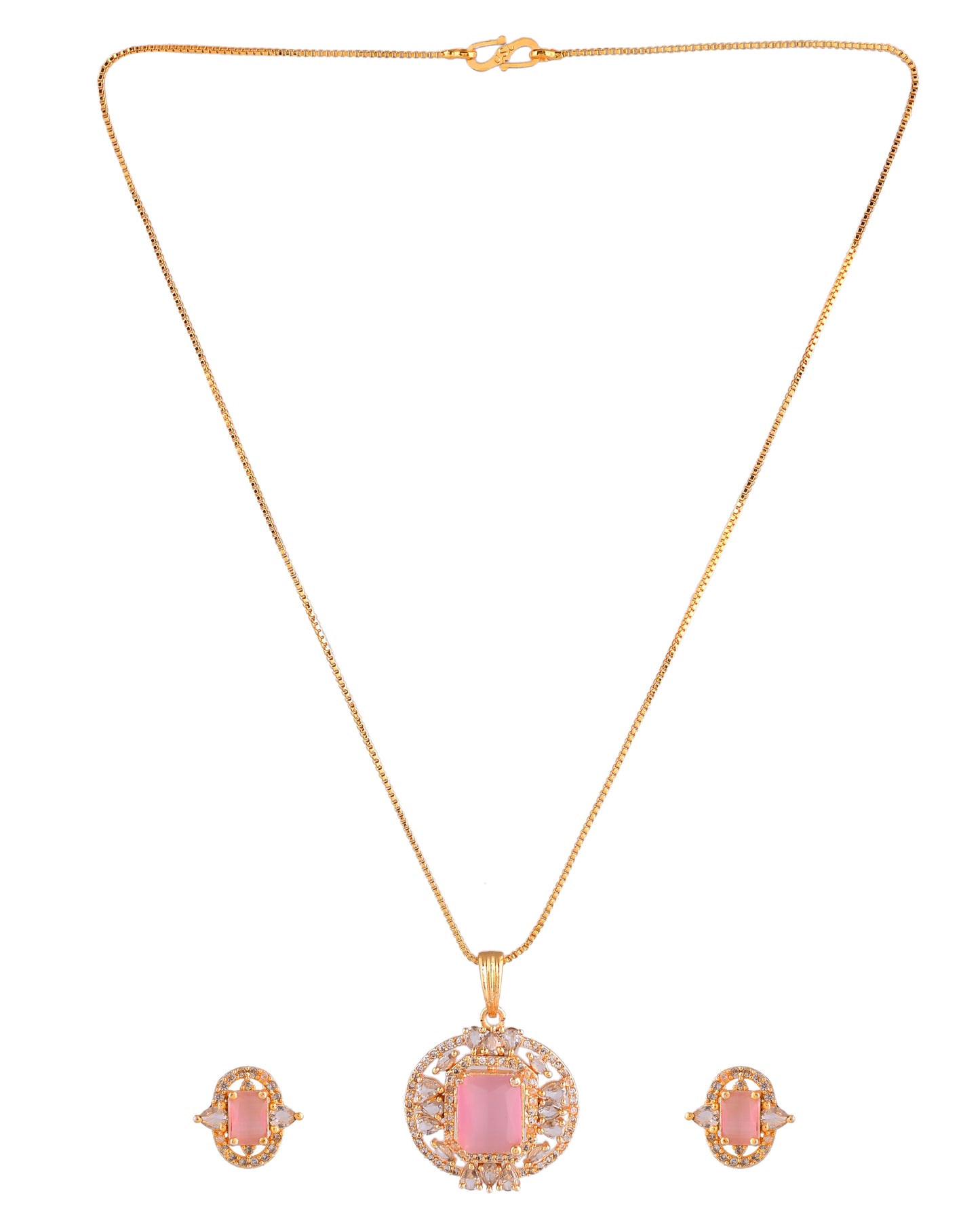 VOJ Gold Plated Baby Pink Rectangular Shaped And Ad Stone Studded Chain Set - Dista