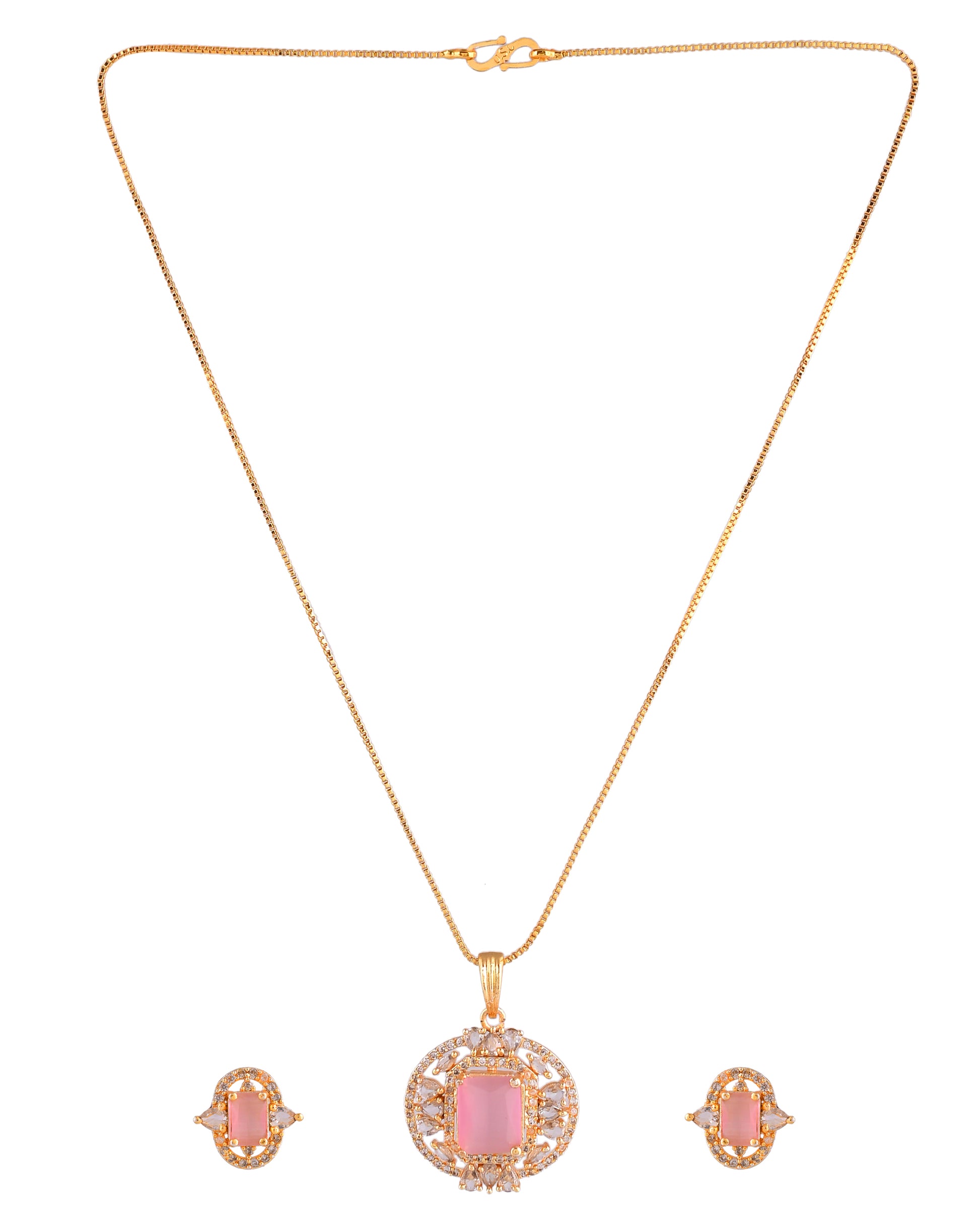 VOJ Gold Plated Baby Pink Rectangular Shaped And Ad Stone Studded Chain Set - Dista