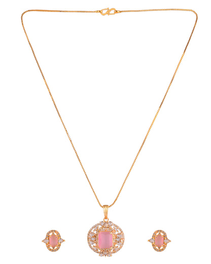 VOJ Gold Plated Baby Pink Rectangular Shaped And Ad Stone Studded Chain Set - Dista