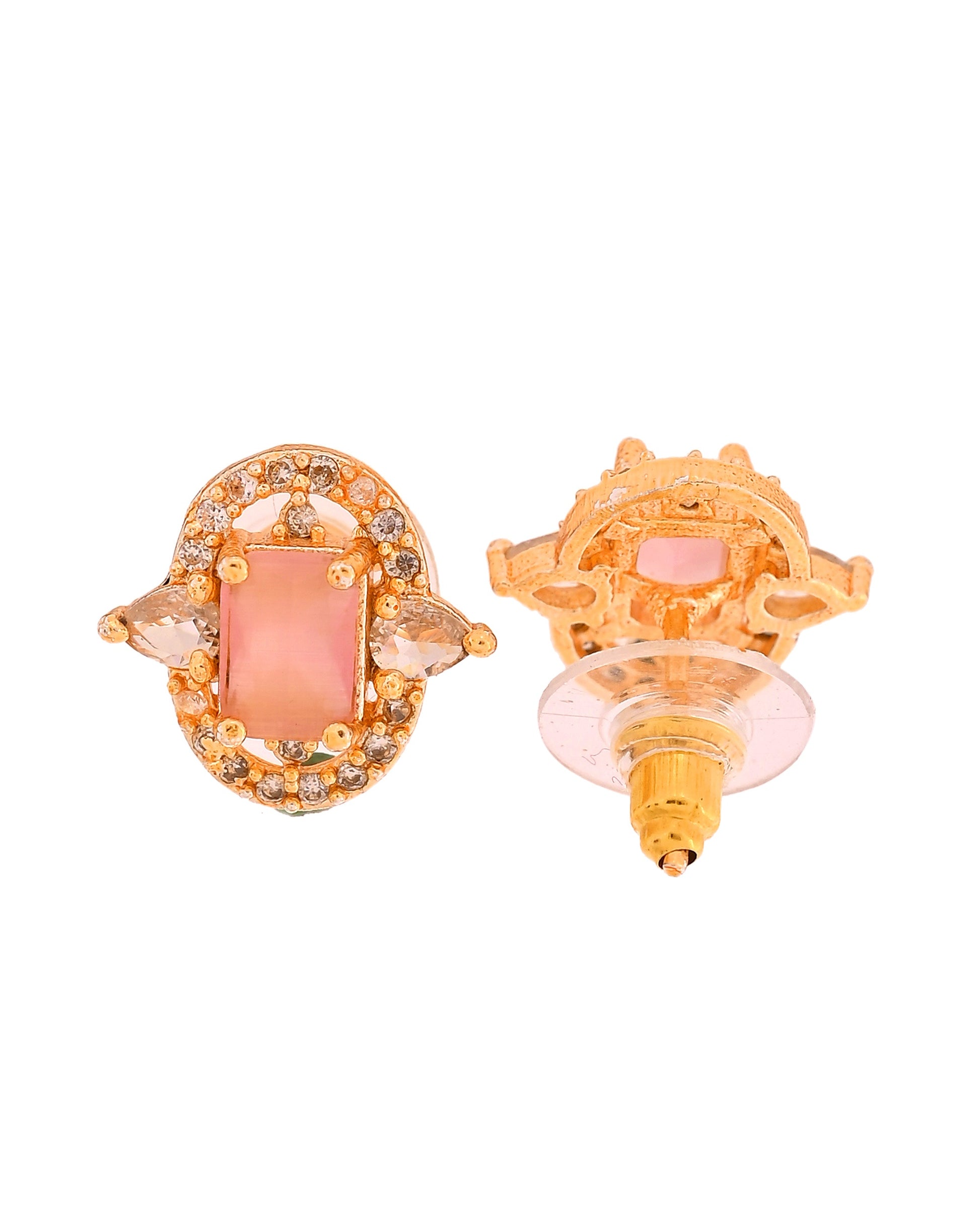 VOJ Gold Plated Baby Pink Rectangular Shaped And Ad Stone Studded Chain Set - Dista