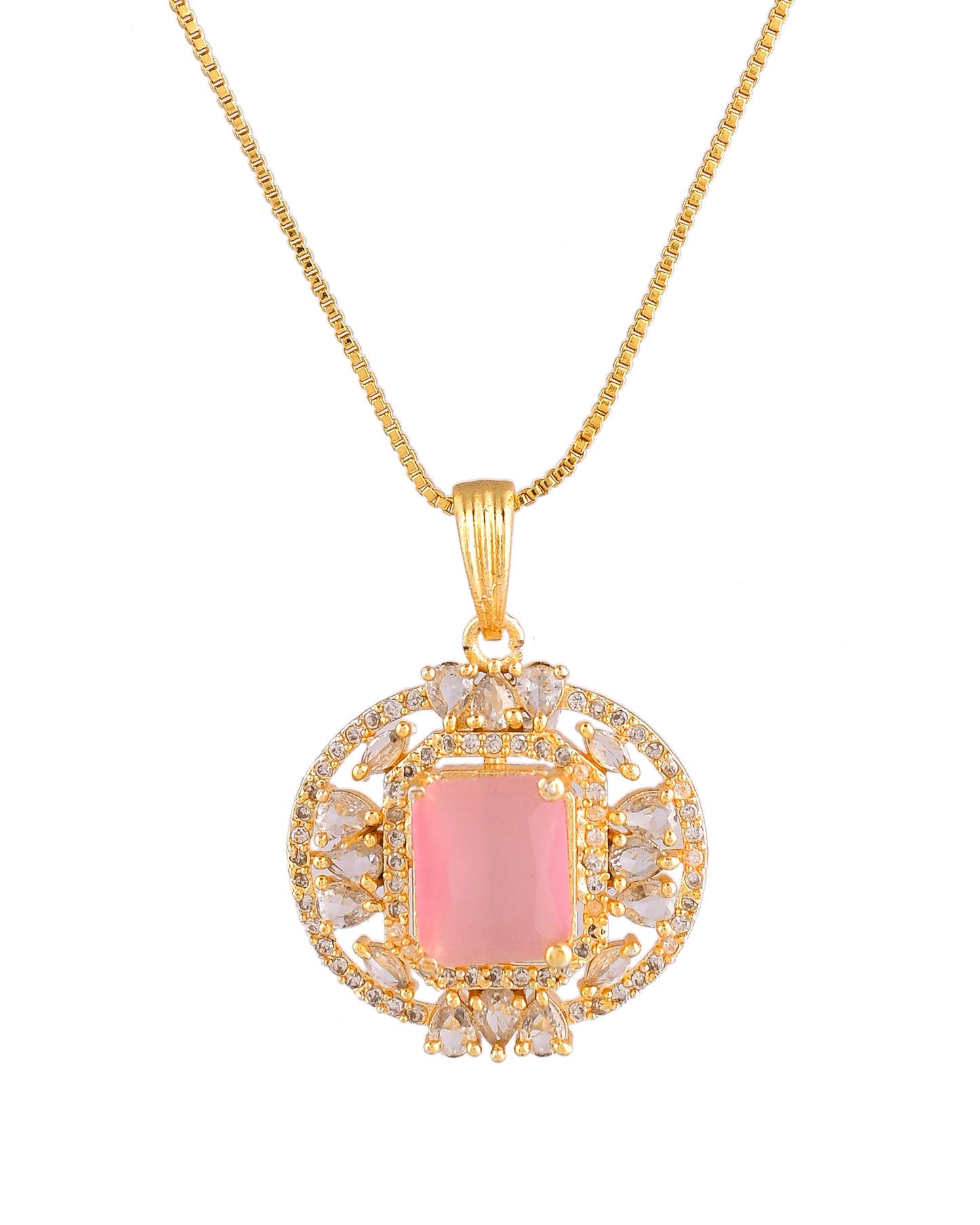 VOJ Gold Plated Baby Pink Rectangular Shaped And Ad Stone Studded Chain Set - Dista