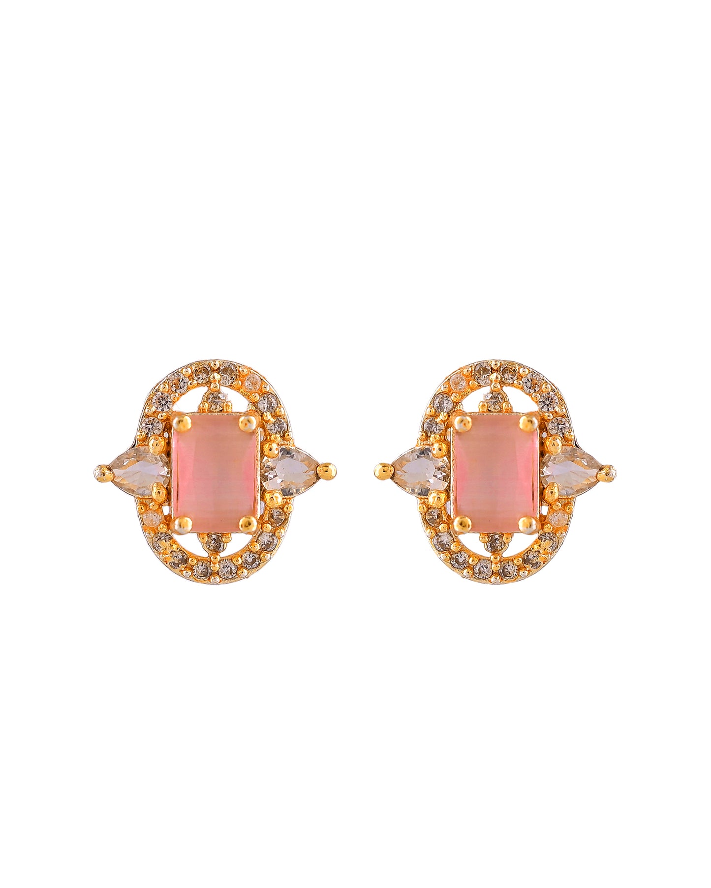 VOJ Gold Plated Baby Pink Rectangular Shaped And Ad Stone Studded Chain Set - Dista