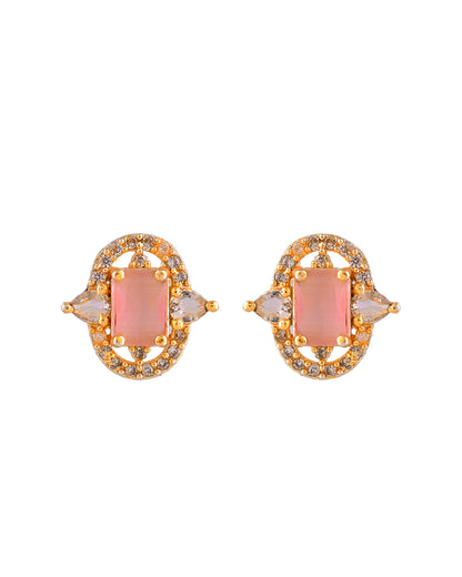 VOJ Gold Plated Baby Pink Rectangular Shaped And Ad Stone Studded Chain Set - Dista