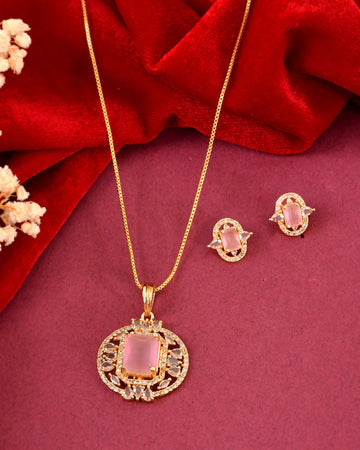 VOJ Gold Plated Baby Pink Rectangular Shaped And Ad Stone Studded Chain Set - Dista