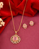 VOJ Gold Plated Baby Pink Rectangular Shaped And Ad Stone Studded Chain Set - Dista