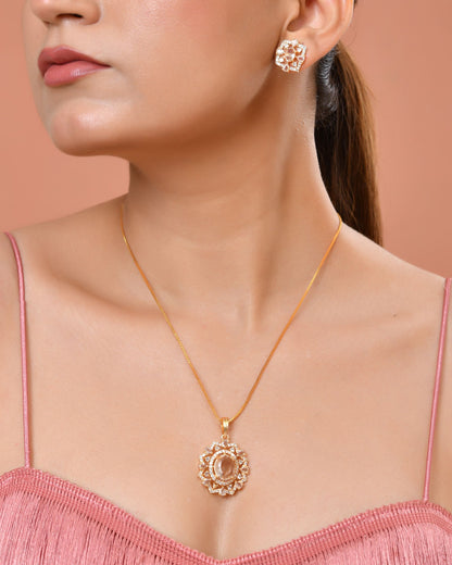 VOJ Gold Toned Circular Shaped Designer Cz Stone Studded Chain Set - Dista