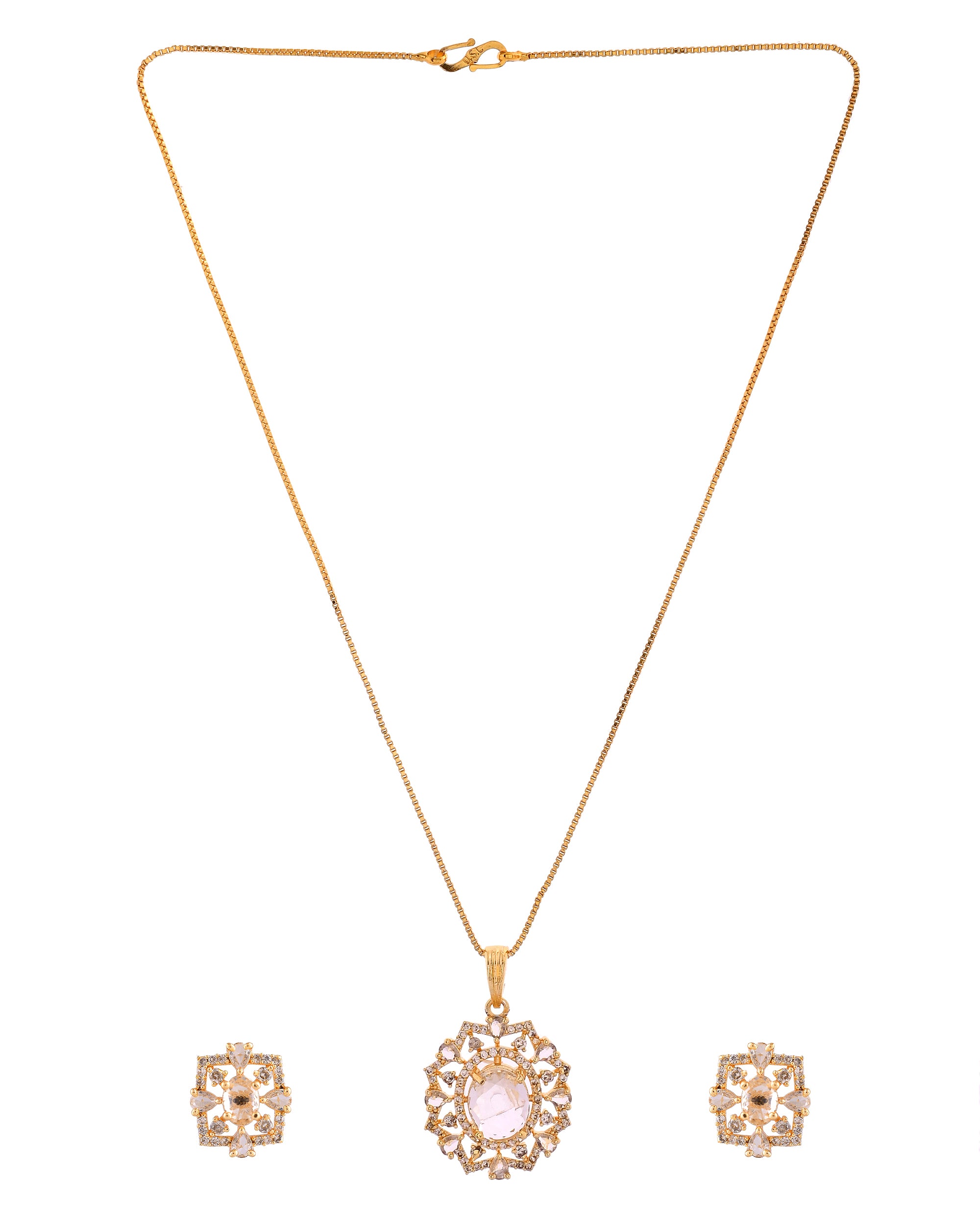 VOJ Gold Toned Circular Shaped Designer Cz Stone Studded Chain Set - Dista