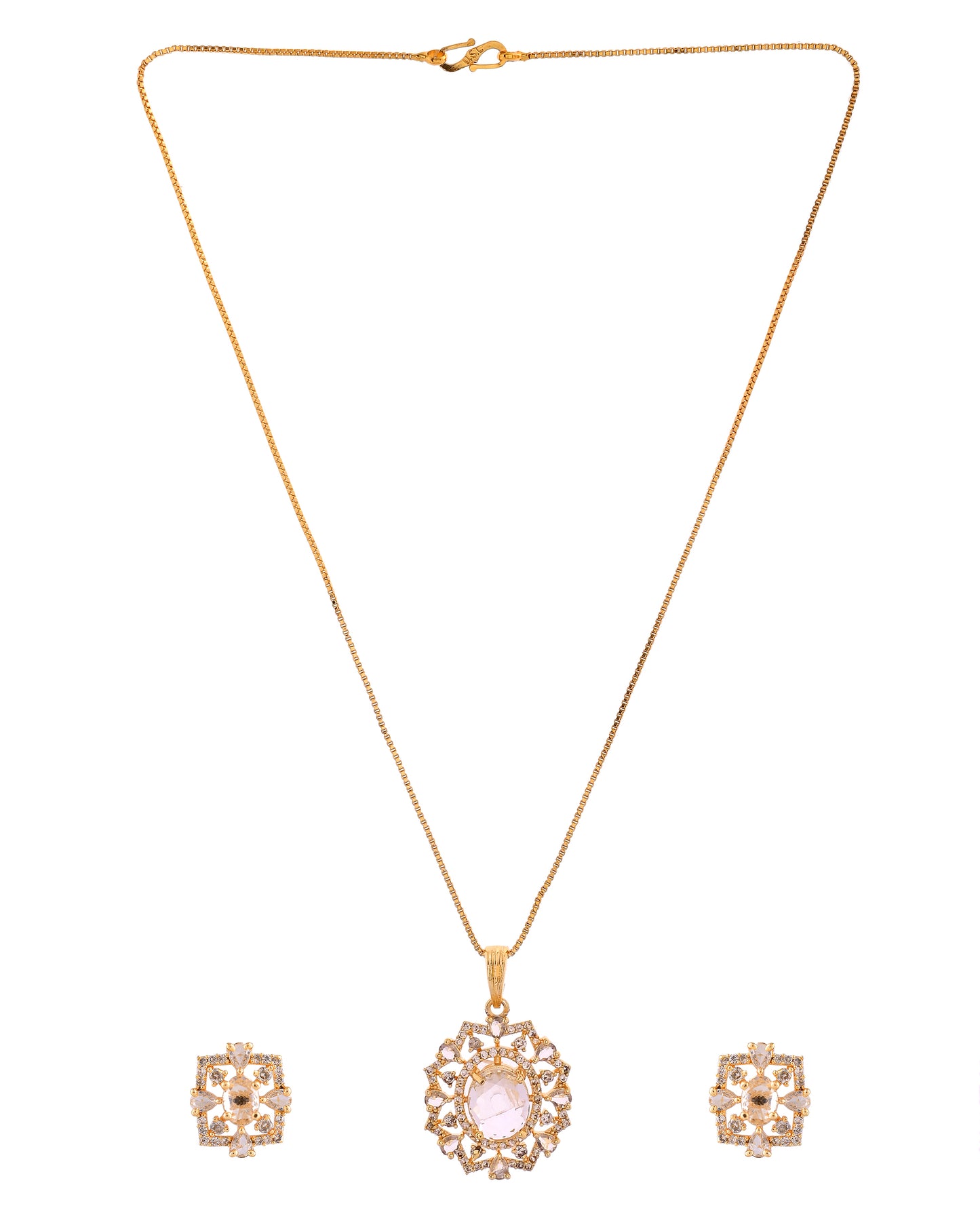 VOJ Gold Toned Circular Shaped Designer Cz Stone Studded Chain Set - Dista