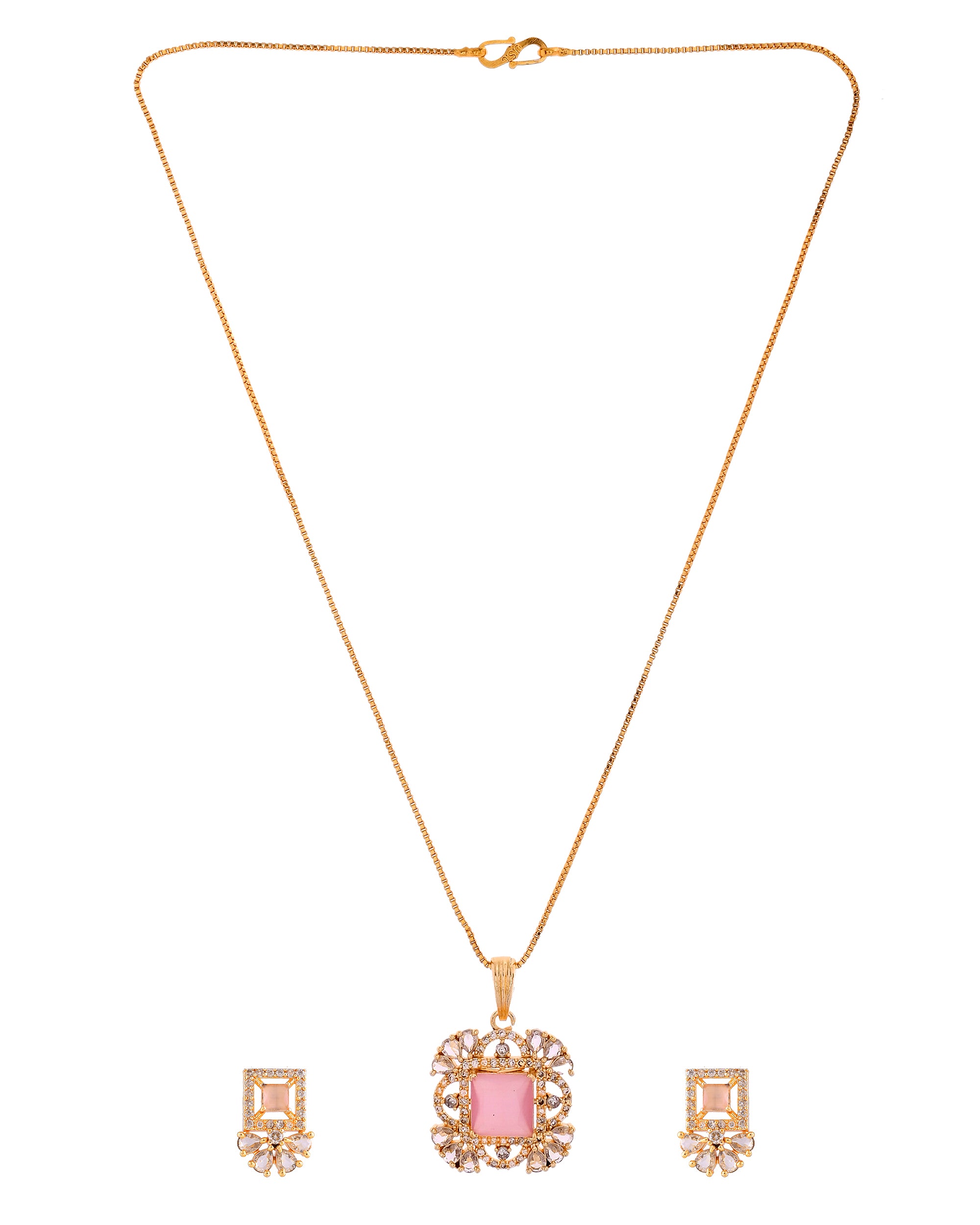 VOJ Gold Plated Baby Pink Square Ad Stone Studded Chain Set - Dista