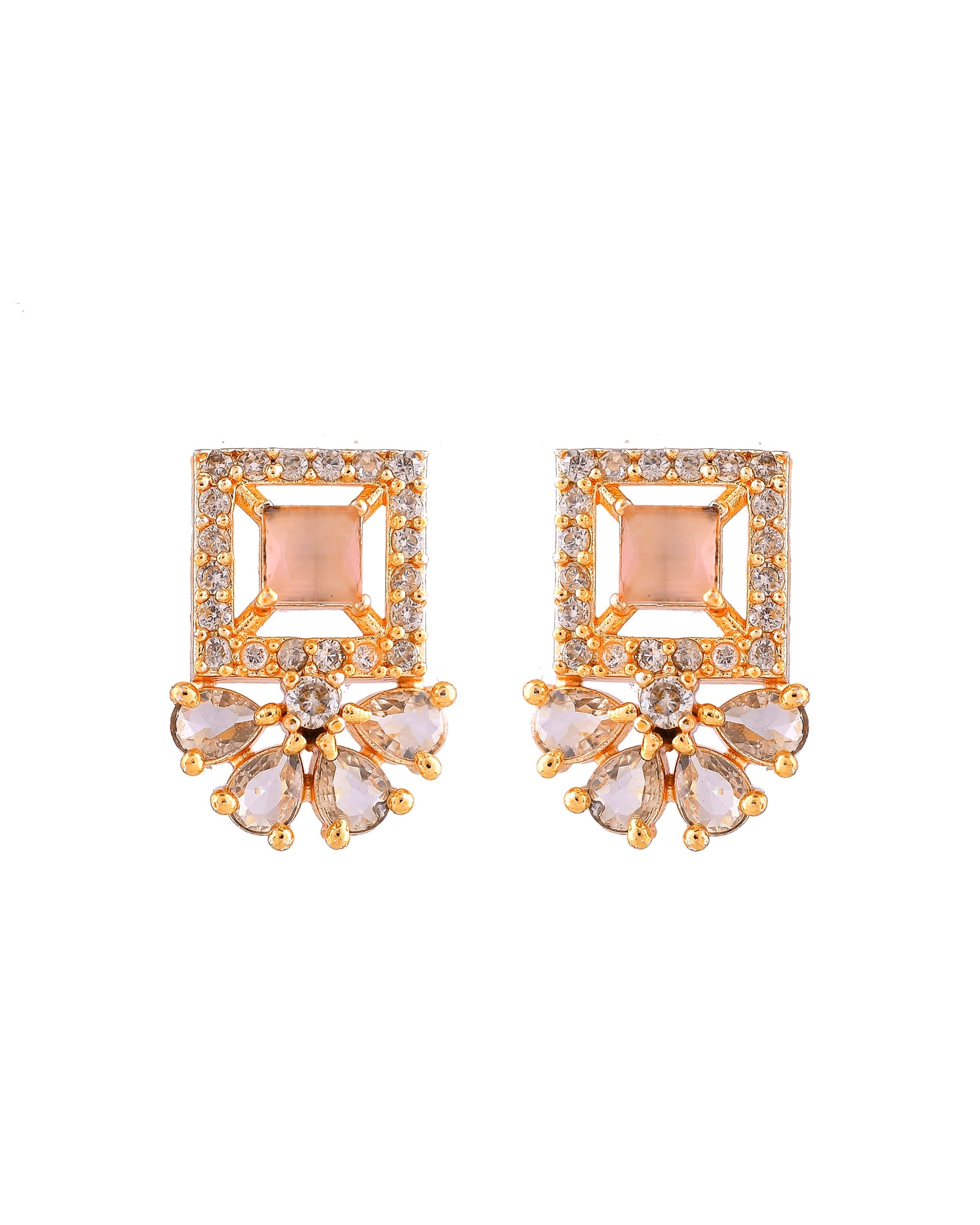 VOJ Gold Plated Baby Pink Square Ad Stone Studded Chain Set - Dista