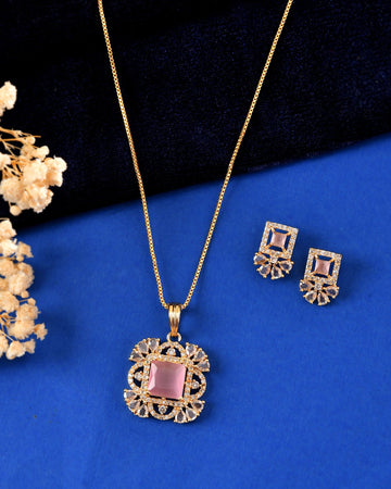 VOJ Gold Plated Baby Pink Square Ad Stone Studded Chain Set - Dista