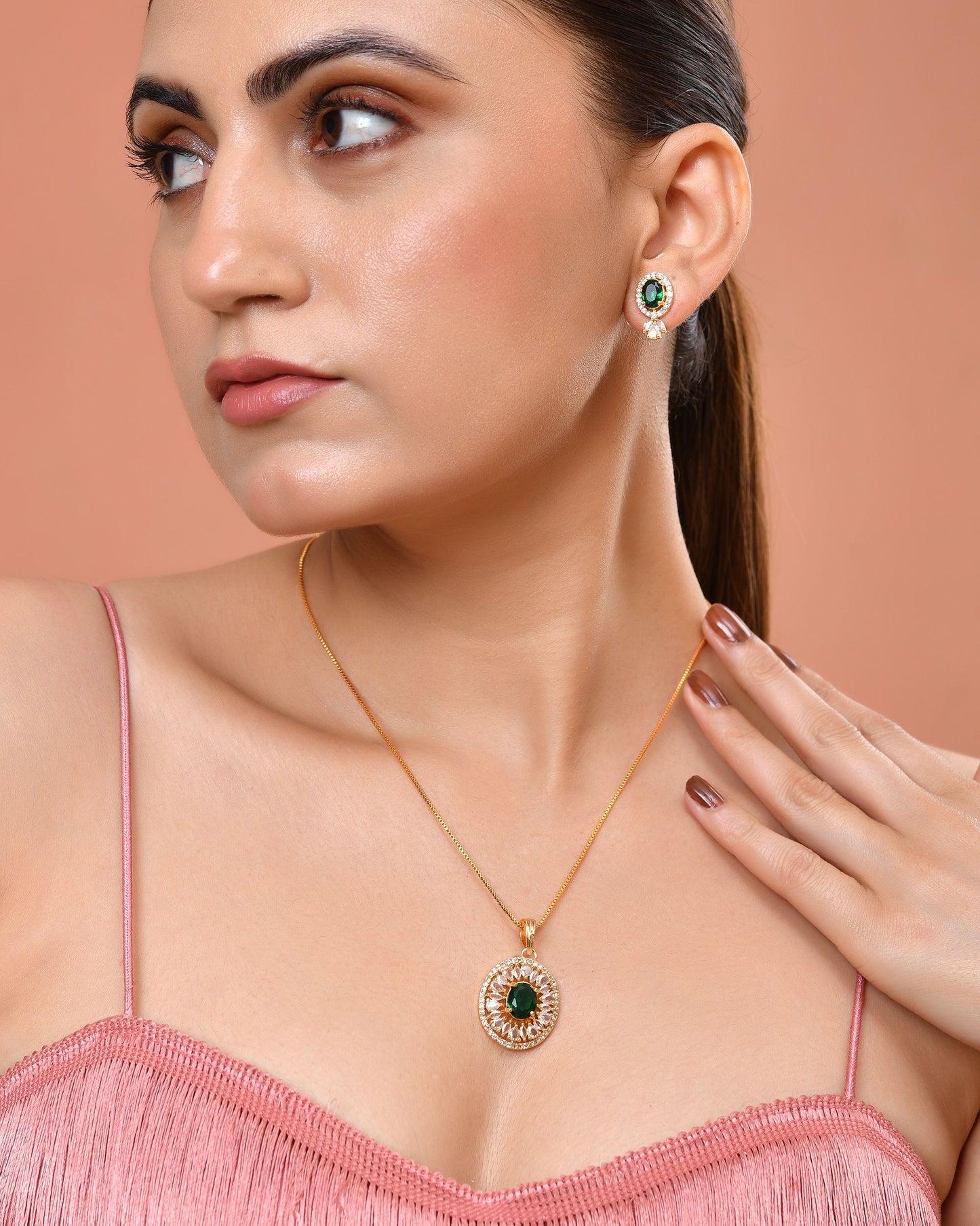 VOJ Gold Plated Green Oval Shaped Ad Stone Studded Chain Set - Dista