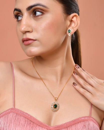 VOJ Gold Plated Green Oval Shaped Ad Stone Studded Chain Set - Dista