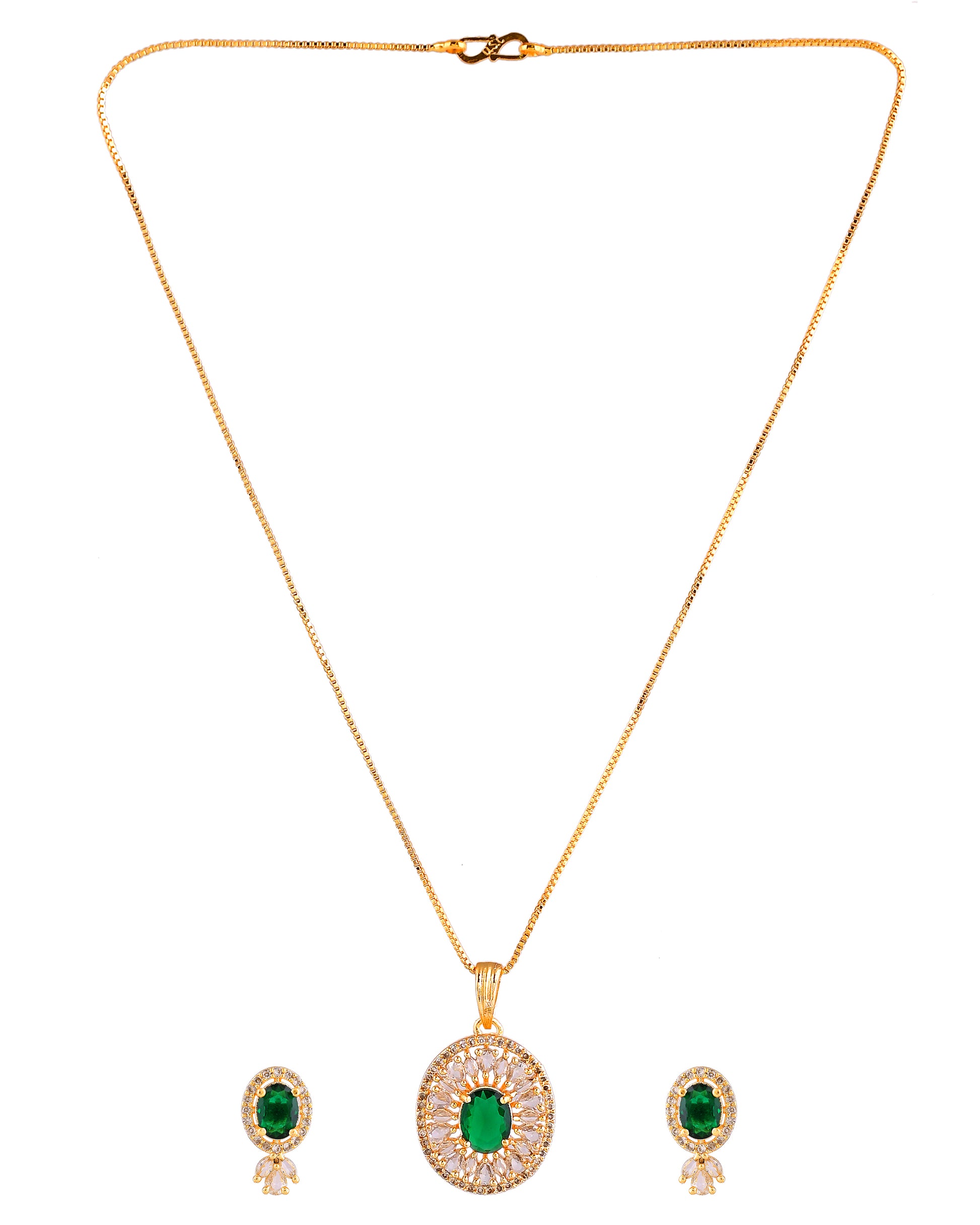 VOJ Gold Plated Green Oval Shaped Ad Stone Studded Chain Set - Dista