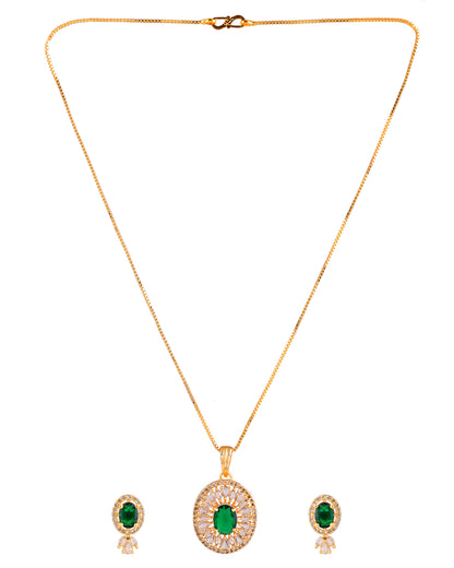 VOJ Gold Plated Green Oval Shaped Ad Stone Studded Chain Set - Dista