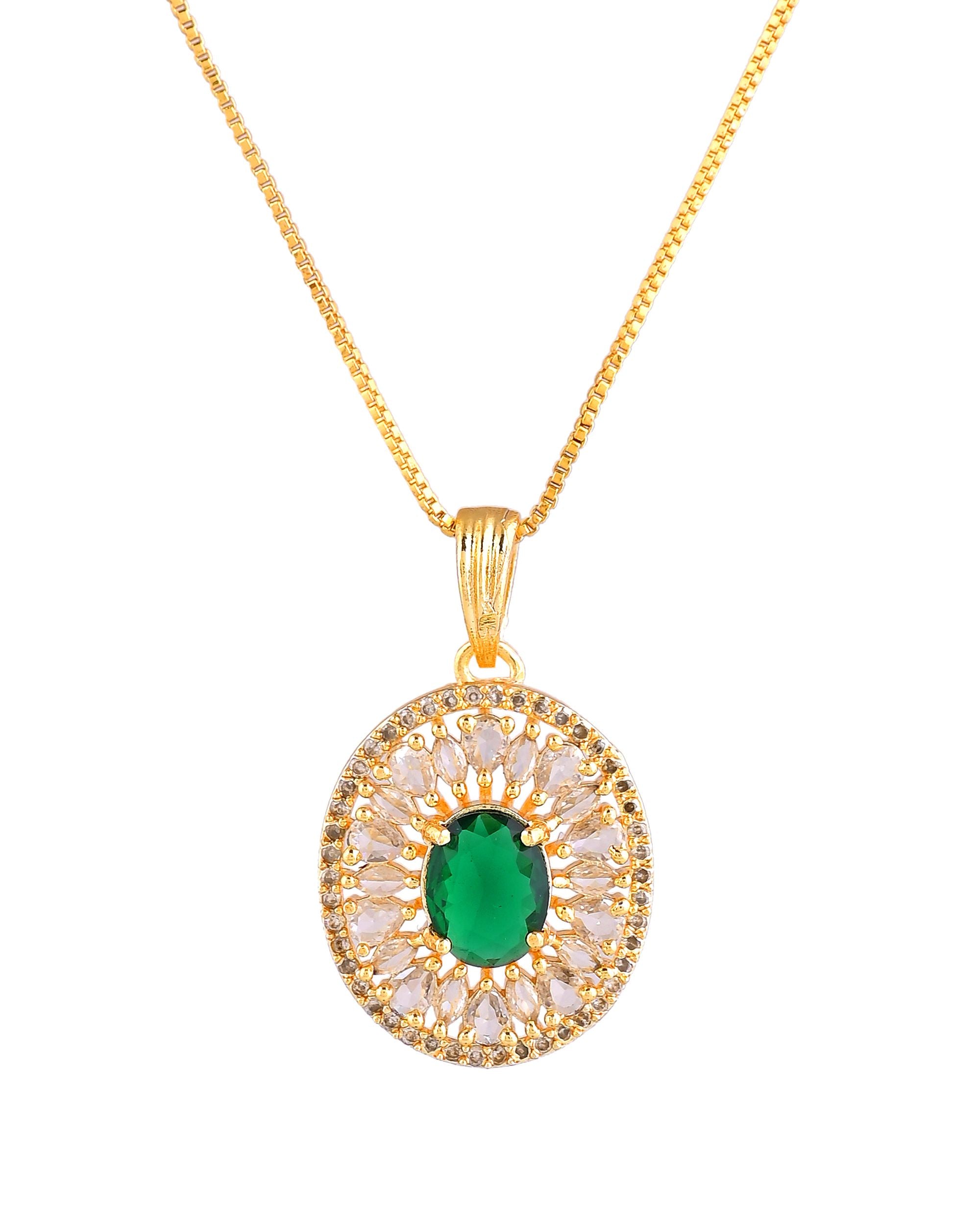 VOJ Gold Plated Green Oval Shaped Ad Stone Studded Chain Set - Dista