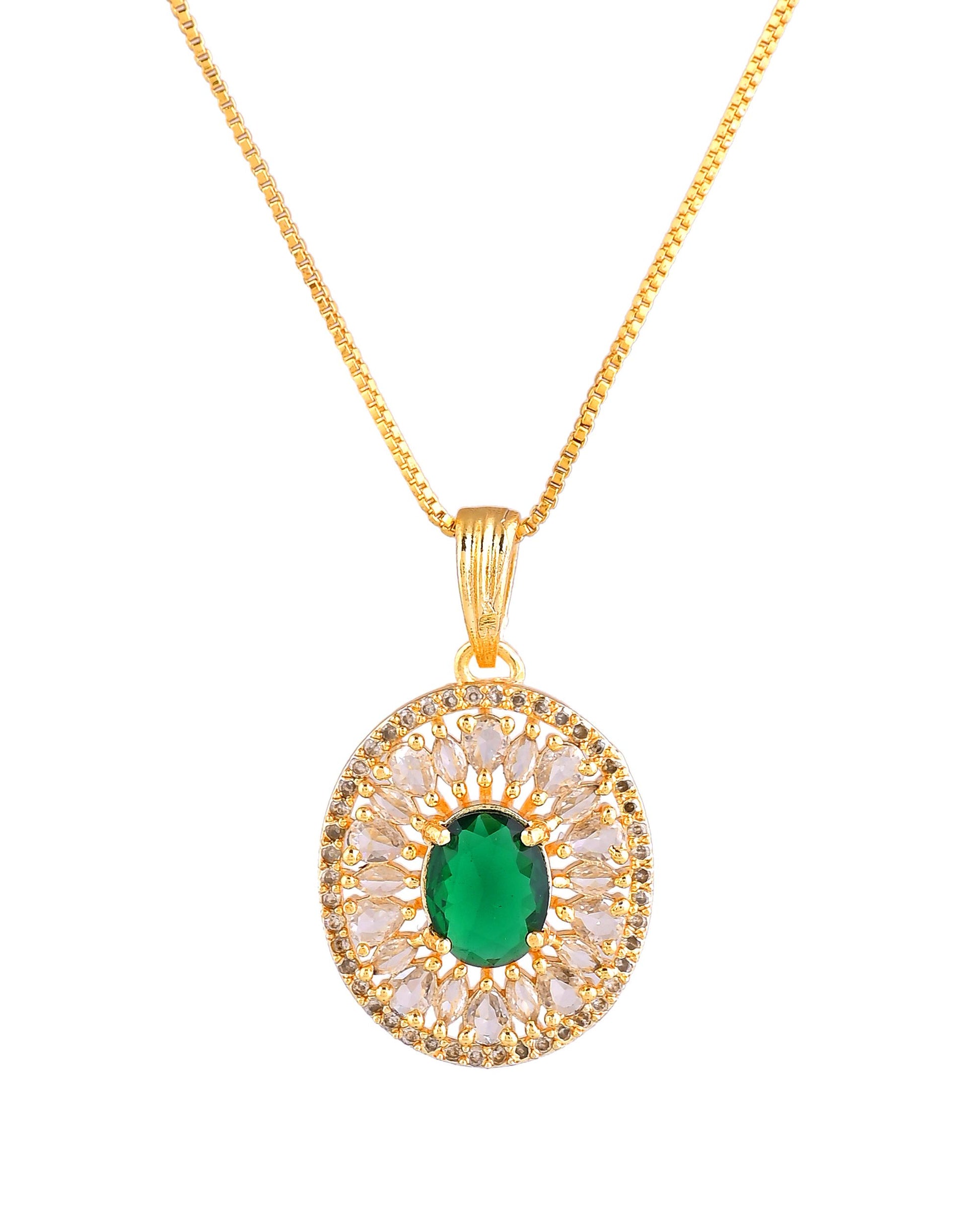 VOJ Gold Plated Green Oval Shaped Ad Stone Studded Chain Set - Dista