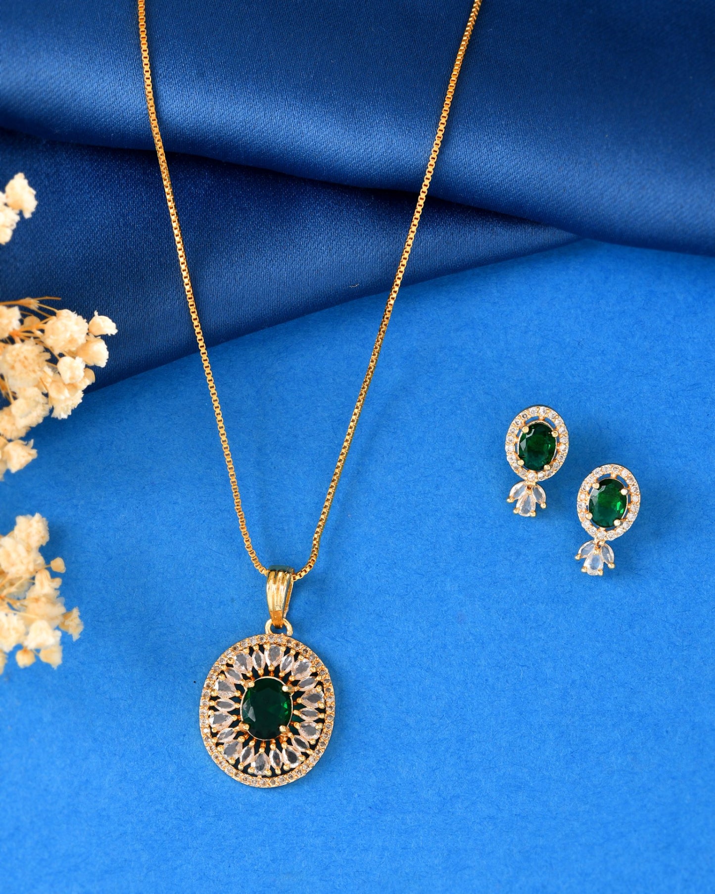 VOJ Gold Plated Green Oval Shaped Ad Stone Studded Chain Set - Dista