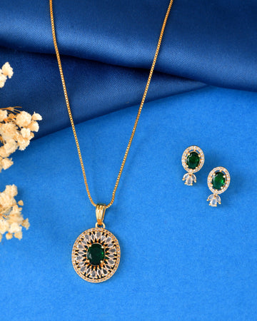 VOJ Gold Plated Green Oval Shaped Ad Stone Studded Chain Set - Dista