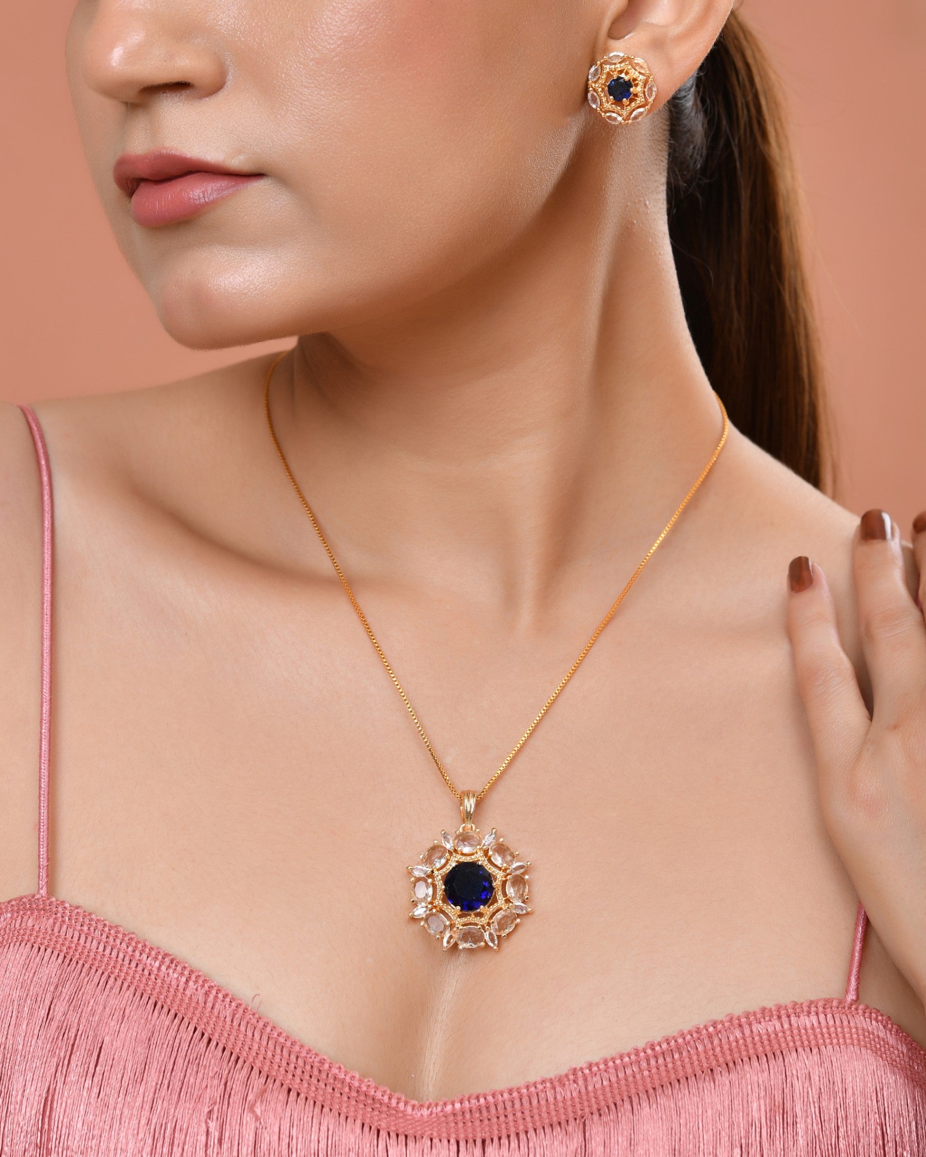 VOJ Gold Plated Blue Circular Stone Studded Floral Ad Chain Set - Dista
