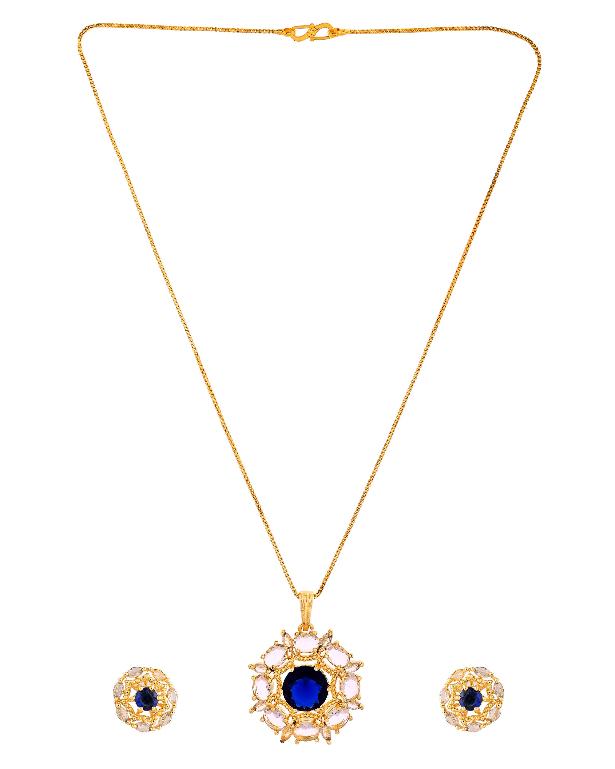 VOJ Gold Plated Blue Circular Stone Studded Floral Ad Chain Set - Dista