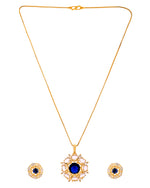 Thumbnail for VOJ Gold Plated Blue Circular Stone Studded Floral Ad Chain Set - Dista