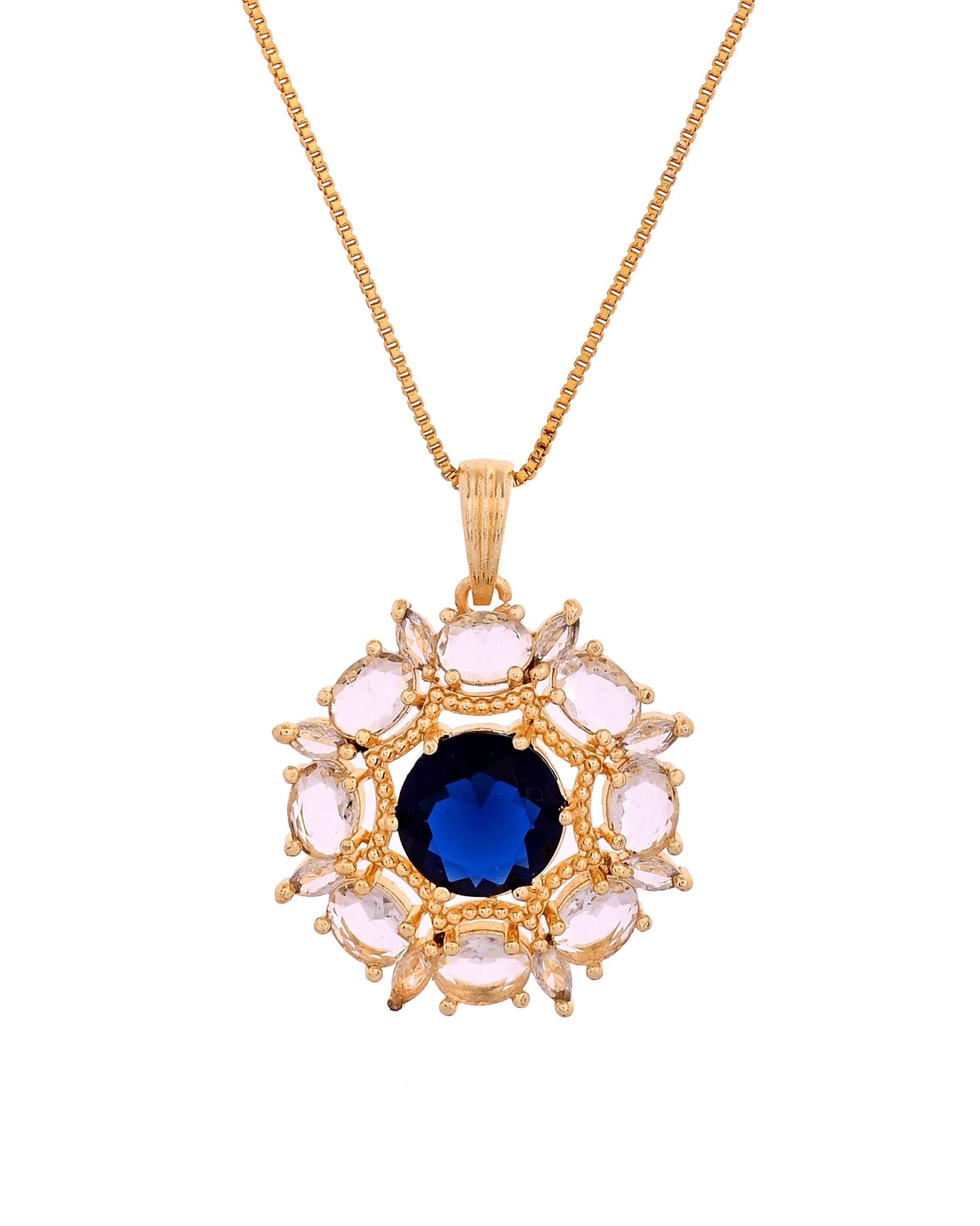 VOJ Gold Plated Blue Circular Stone Studded Floral Ad Chain Set - Dista
