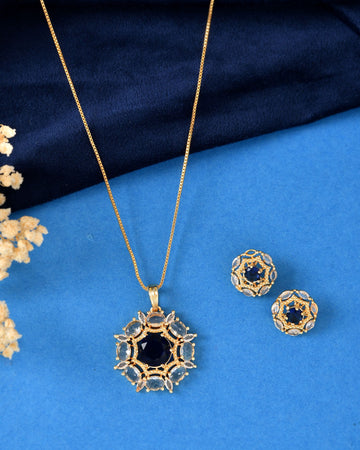 VOJ Gold Plated Blue Circular Stone Studded Floral Ad Chain Set - Dista