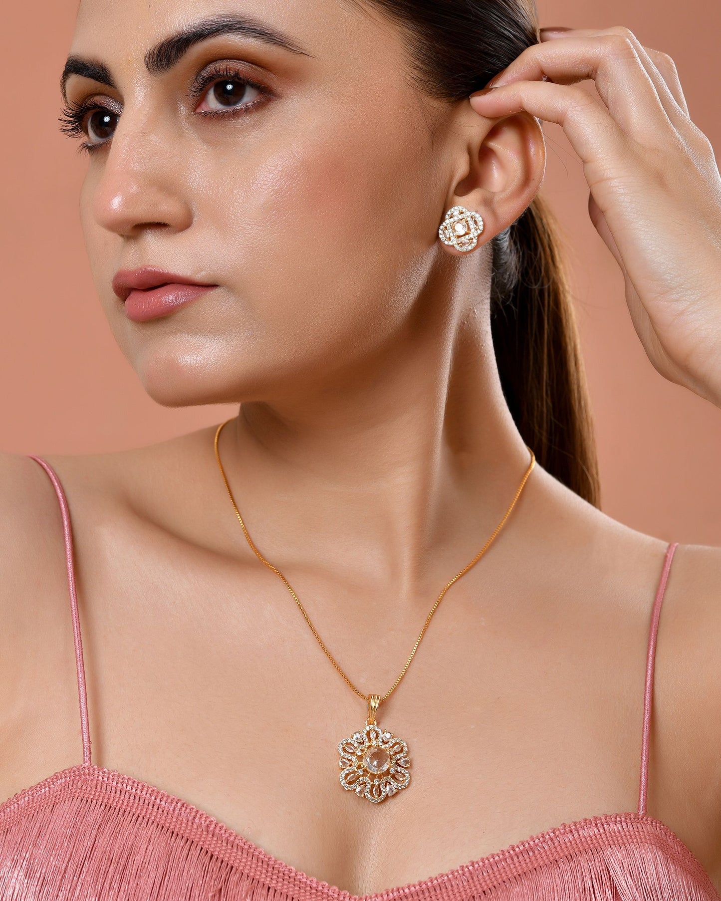 VOJ Gold Plated Circular Ad Stone Studded Chain Set - Dista
