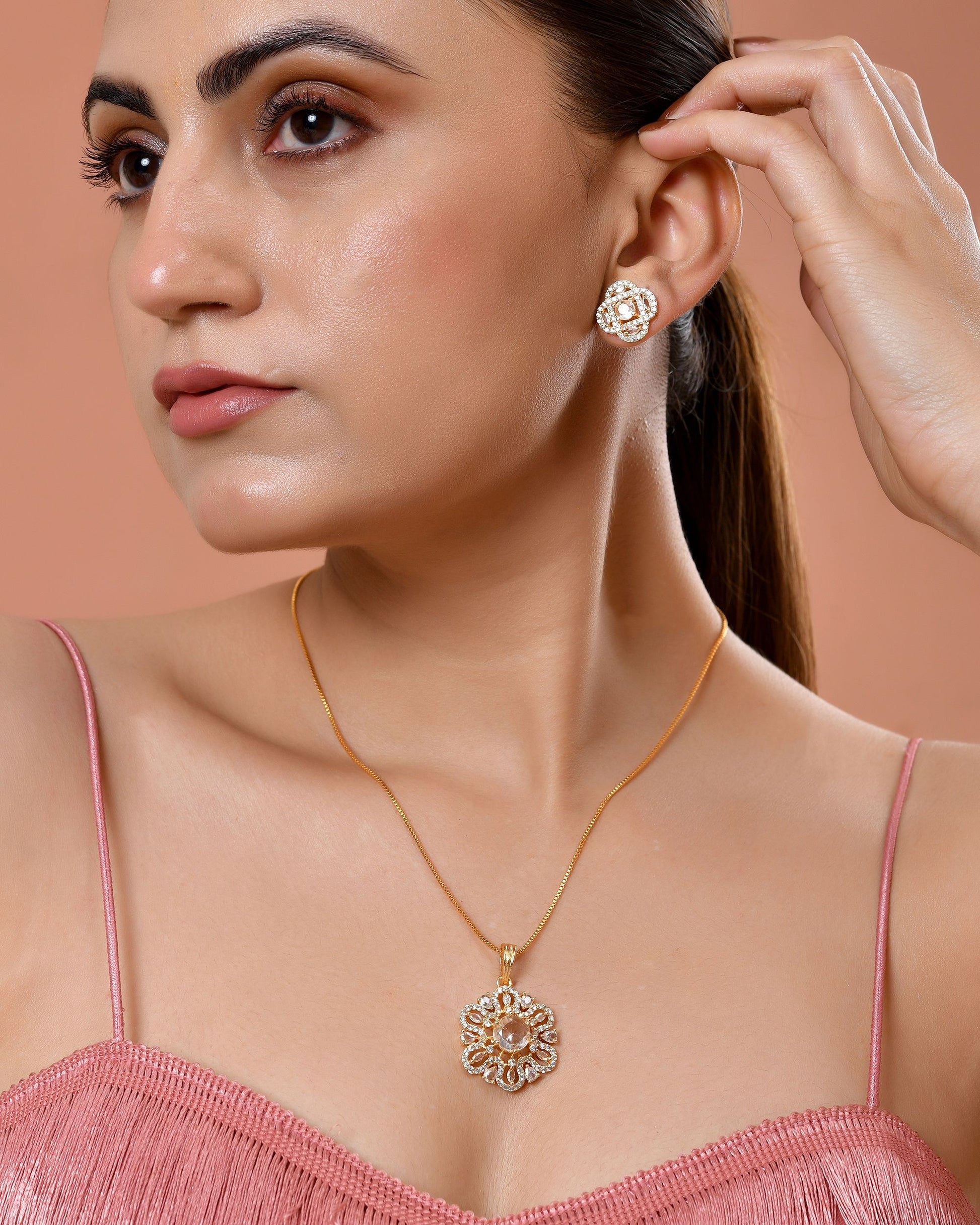 VOJ Gold Plated Circular Ad Stone Studded Chain Set - Dista