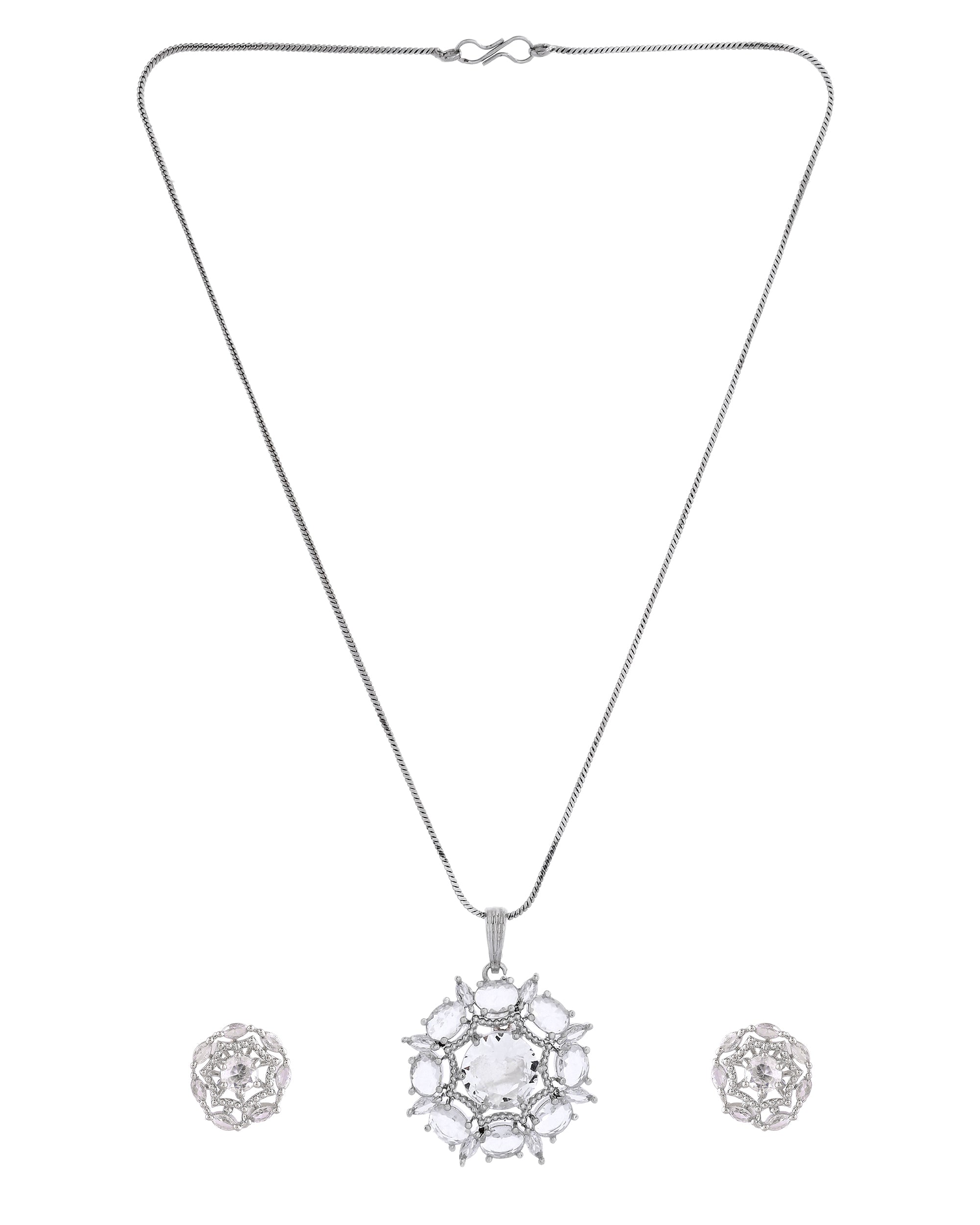 VOJ Silver Plated Circular Stone Studded Floral Shaped Ad Chain Set - Dista