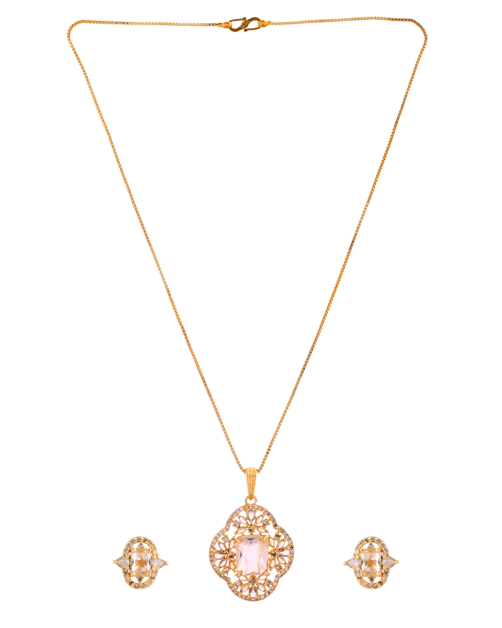 VOJ Gold Toned Rectangular Stone Studded Cz Chain Set