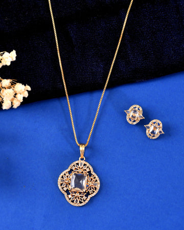 VOJ Gold Toned Rectangular Stone Studded Cz Chain Set - Dista
