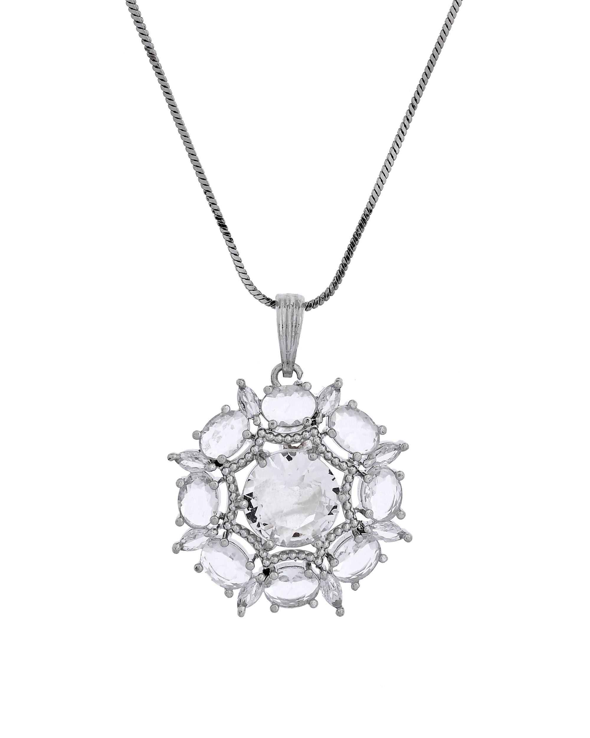 VOJ Silver Plated Circular Stone Studded Sun Shaped Ad Pendant With Chain Set - Dista