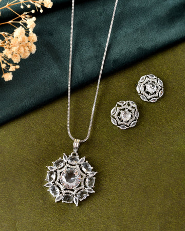 VOJ Silver Plated Circular Stone Studded Sun Shaped Ad Pendant With Chain Set - Dista