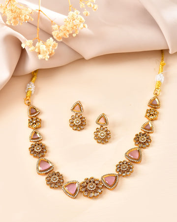 VOJ Gold Tone Floral With Pink Stone Ad Necklace Set - Dista