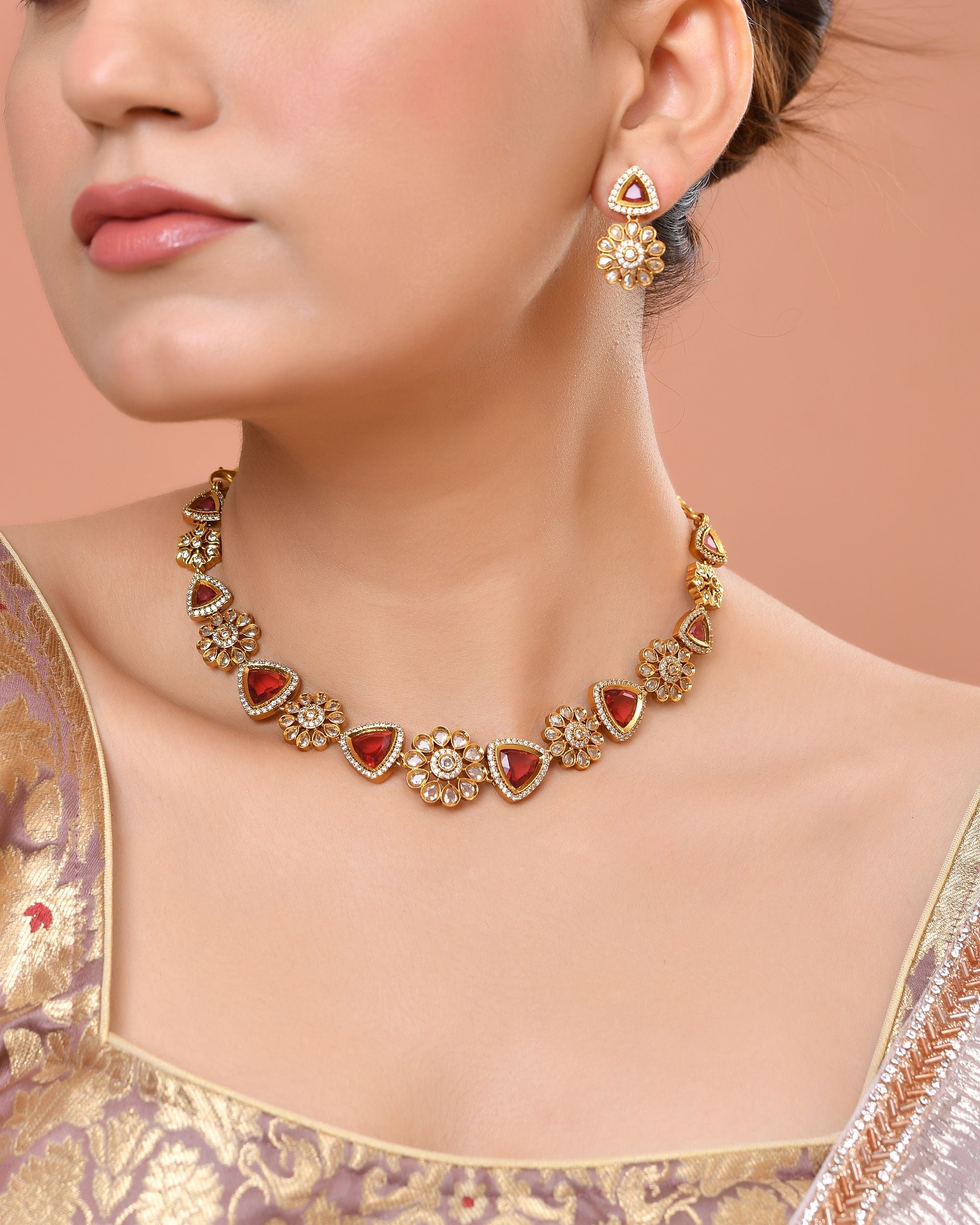 VOJ Gold Tone Floral With Ruby Red Stone Ad Necklace Set - Dista
