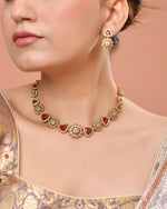 Thumbnail for VOJ Gold Tone Floral With Ruby Red Stone Ad Necklace Set - Dista