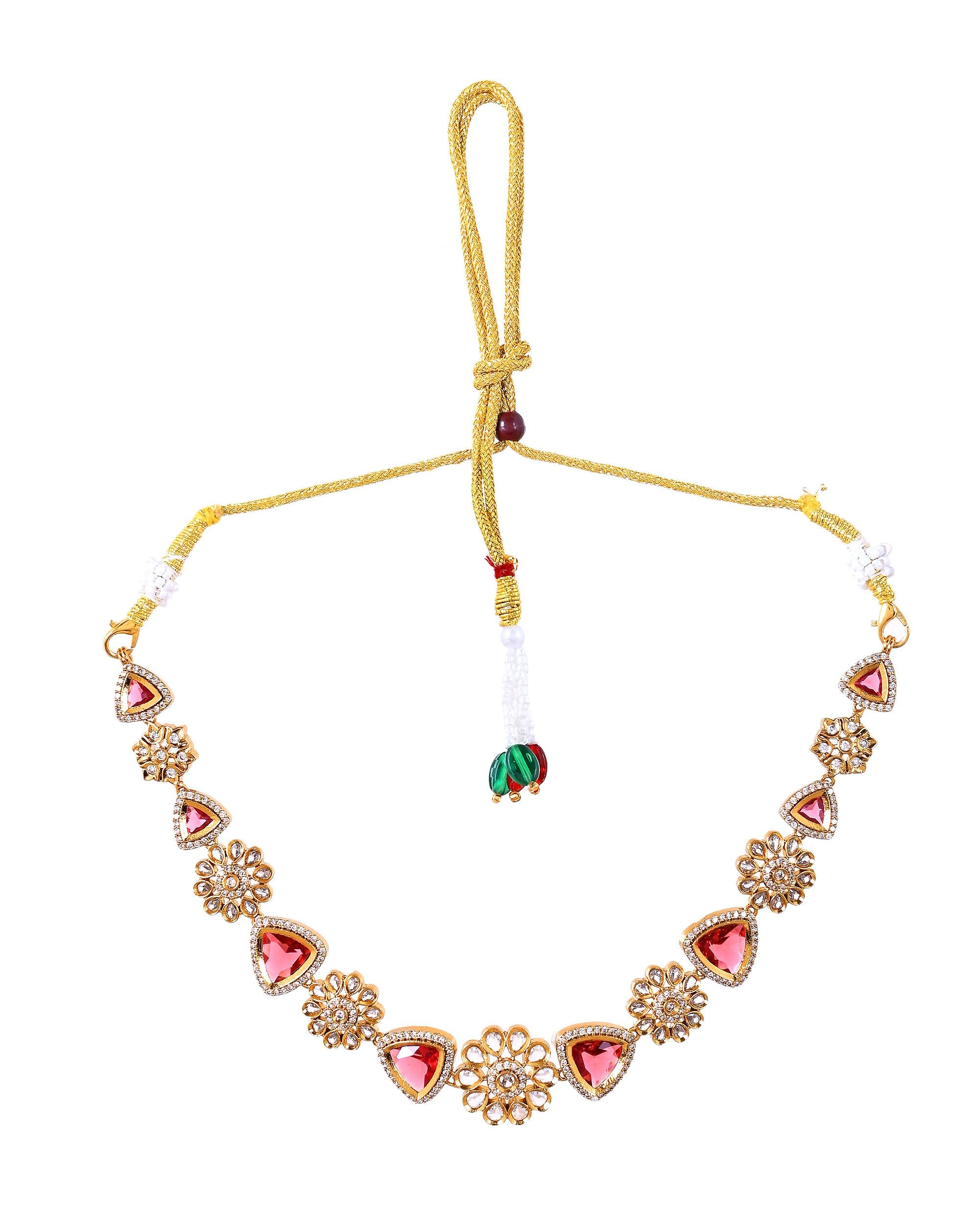 VOJ Gold Tone Floral With Ruby Red Stone Ad Necklace Set - Dista