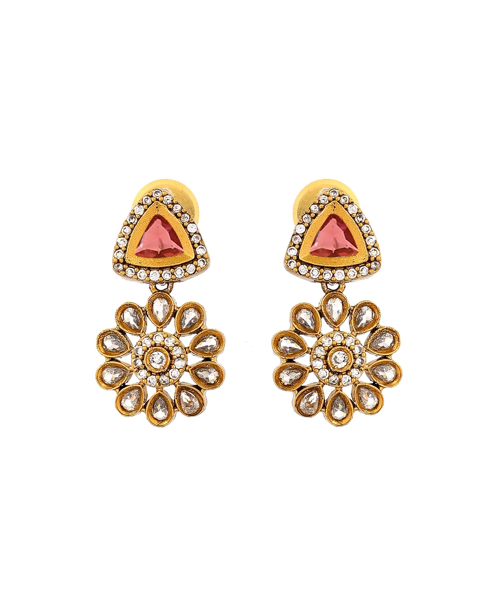 VOJ Gold Tone Floral With Ruby Red Stone Ad Necklace Set - Dista