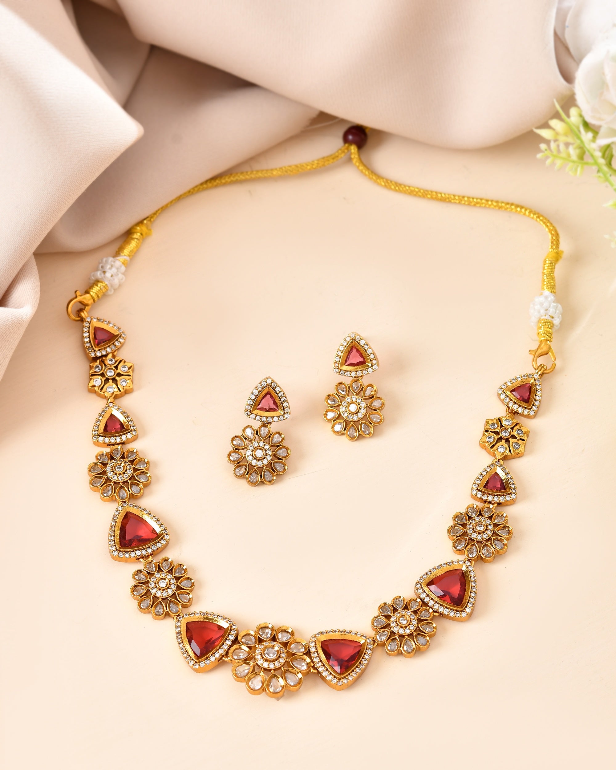 VOJ Gold Tone Floral With Ruby Red Stone Ad Necklace Set - Dista