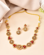 Thumbnail for VOJ Gold Tone Floral With Ruby Red Stone Ad Necklace Set - Dista