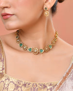 Thumbnail for VOJ Gold Tone Floral With Teal Green Stone Ad Necklace Set